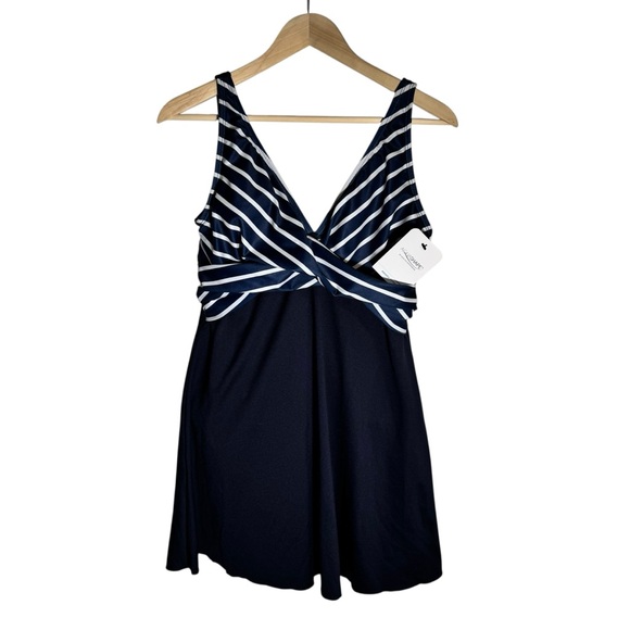 Dolfin Aquashape Wrap Front Swim Dress One Piece Swimwear Navy White Size 16 NWT - Picture 2 of 7